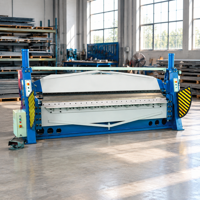 Front view of the hydraulic sheet metal folding machine showing segmented tooling and hydraulic cylinders