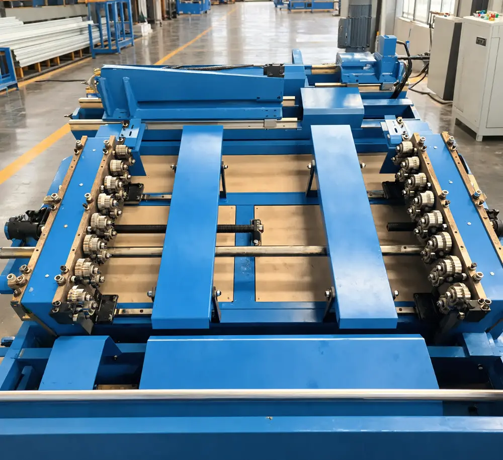 Dual-track roll-forming station with precision steel tooling and adjustment shafts