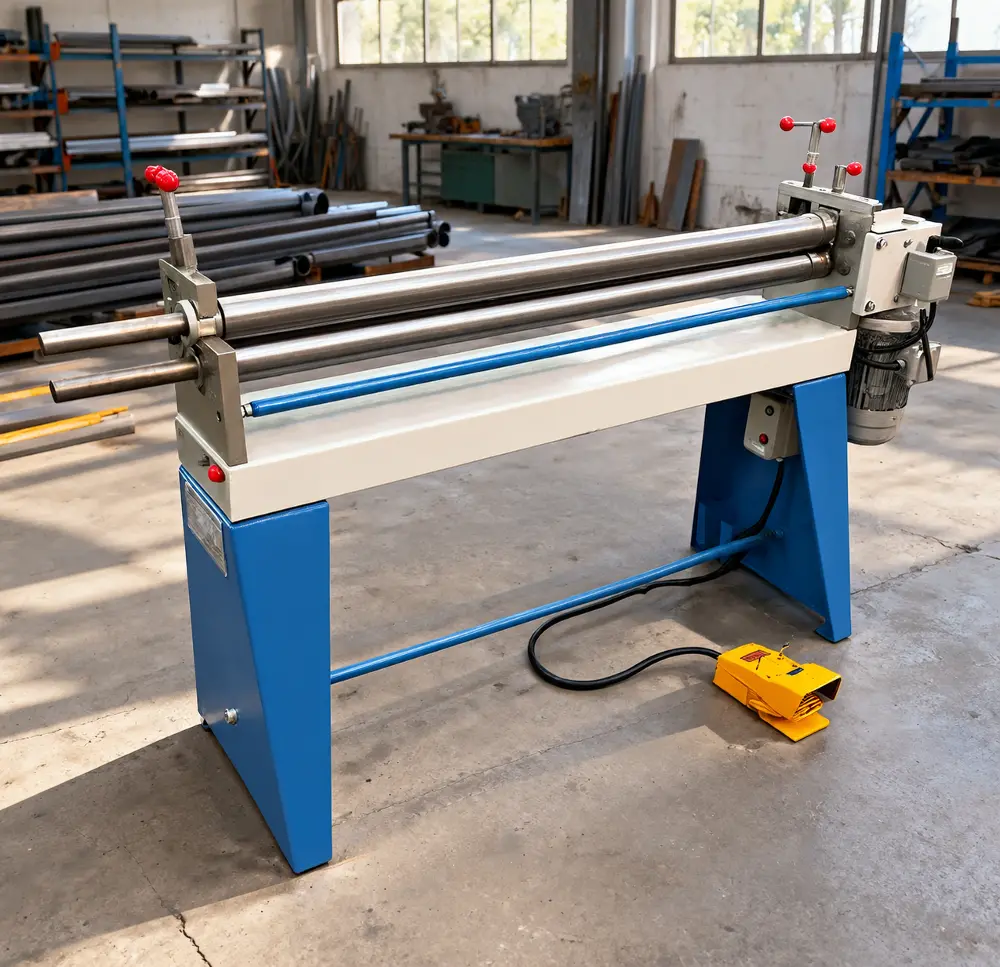 Electrical roll bending machine with blue pedestal legs and dual foot pedal control
