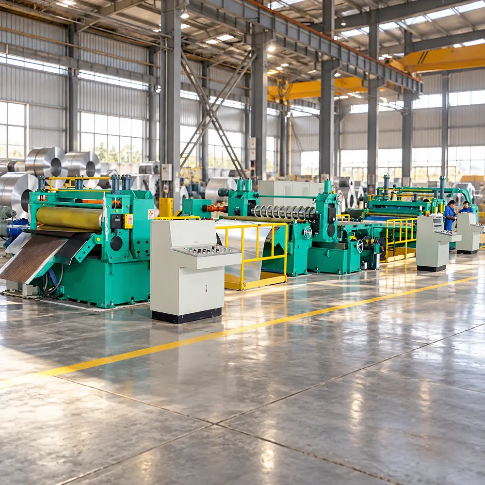 Industrial slitting machine line showing decoiling station, precision slitter arbors with rotary knives, intermediate strip guidance tables, and control consoles
