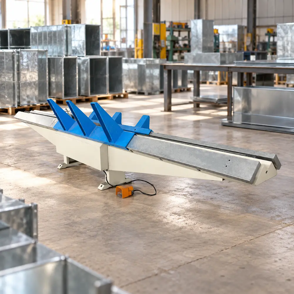 Angled studio view of the duct zipper seam closing machine showing the elongated welded steel frame in off-white, dark grey longitudinal guide tracks along the working bed, and three upright triangular support arms in bright industrial blue that secure rectangular duct sections during high-speed seam closure