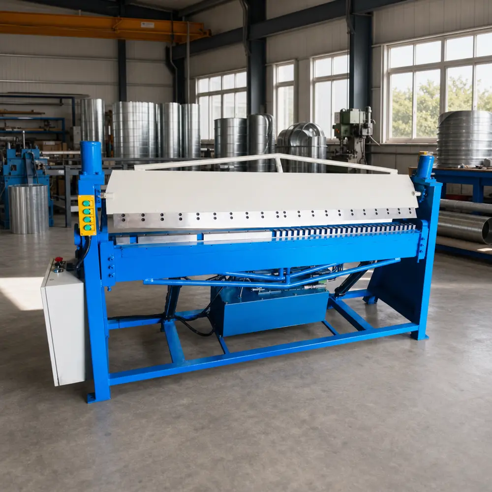 Industrial duct hydraulic folding machine with blue frame and hydraulic cylinders
