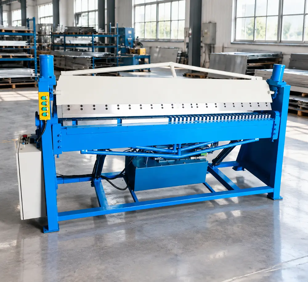 Duct hydraulic folding machine with blue steel frame, hydraulic cylinders, and control cabinet